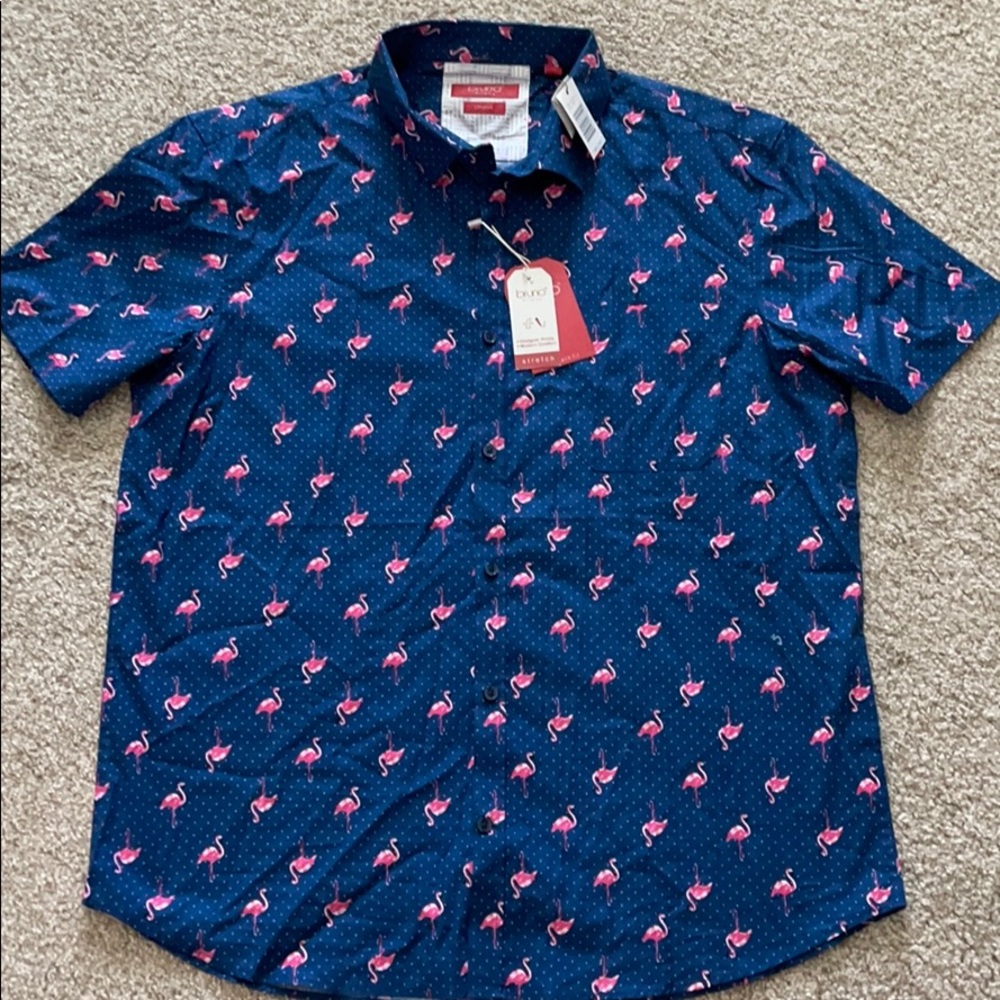 Navy blue shirt sleeve button down with flamingos